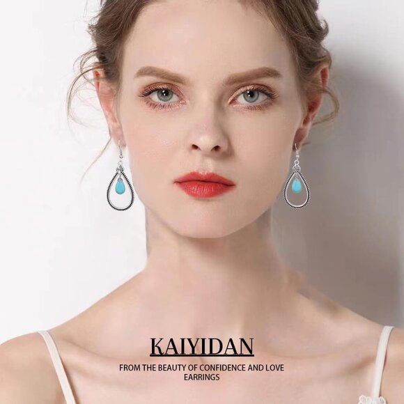 Turquoise Teardrop Shaped Vintage Long Summer Earring for Women Jewelry - Picture 3 of 10